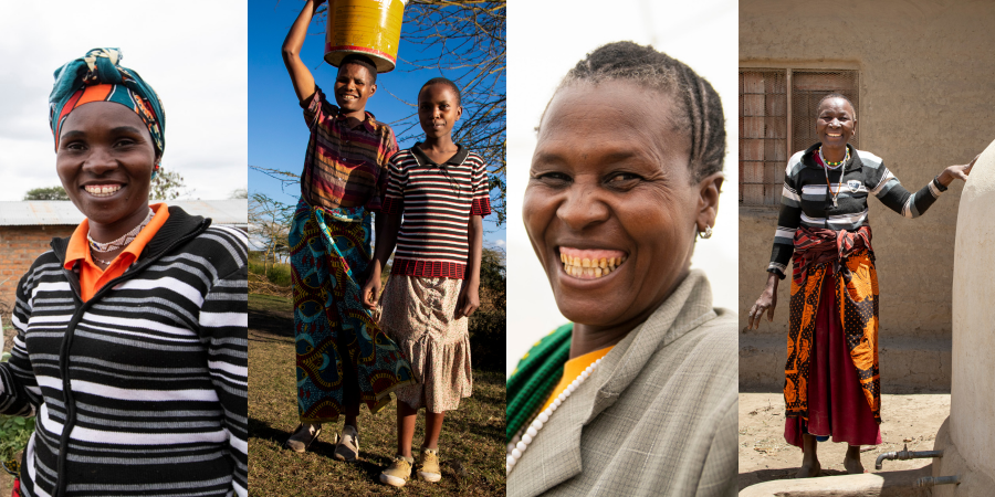 Portraits of mothers in Tanzania. First mother is smiling by her greenhouse, which is out of the frame. The second mother has a bucket on her head and stands by her daughter. The third mother is smiling. The fourth mother is stand by her rainwater tank.