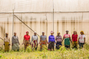 The women on the farm pose outside the greenhouse.