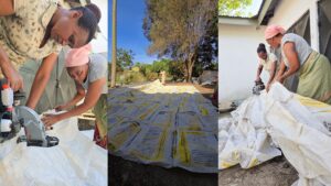 3 images of women sewing cement bags together