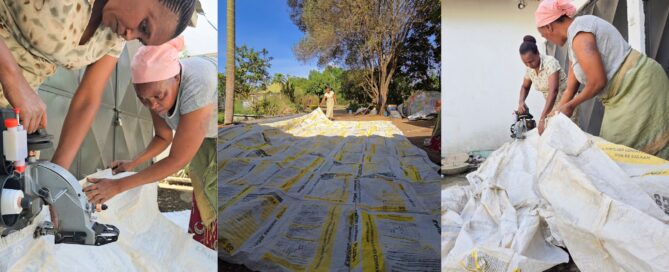 3 images of women sewing cement bags together